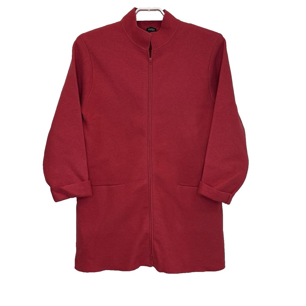 Eileen Fisher Pea Coat Jacket Size Large Red 100% Wool Full Zip Pockets READ